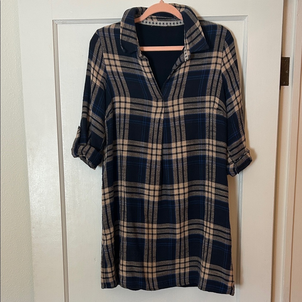 Anthropologie Navy and Beige Plaid Long Sleeve Dress